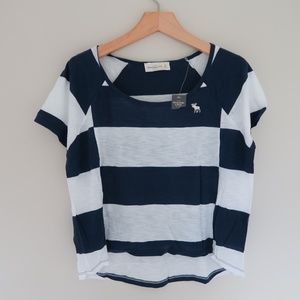 🆕 Abercrombie Navy White Oversized Crop Tee S New
